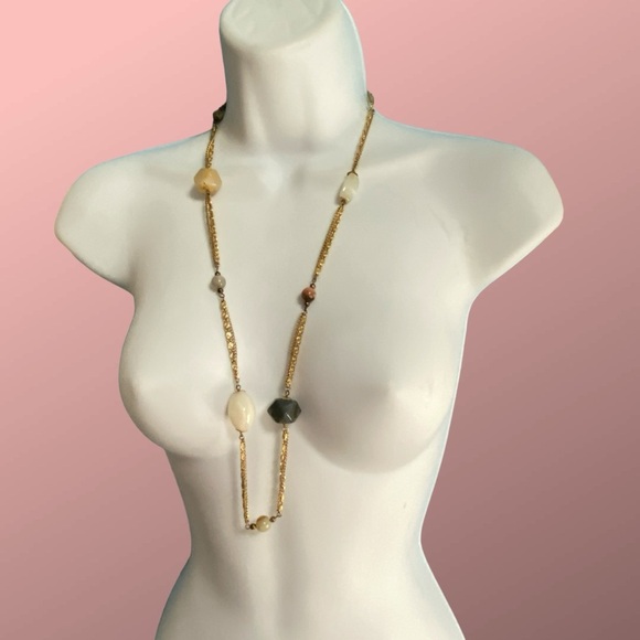 Vintage Gold Tone Chain With Natural Stone Beads Long Necklace - Picture 8 of 9
